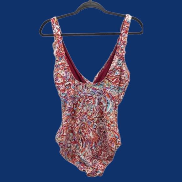 NEW Slimming Lauren Ralph Lauren One Piece Sz 14 Women's Swimsuit Paisley Ruffle - Picture 5 of 11